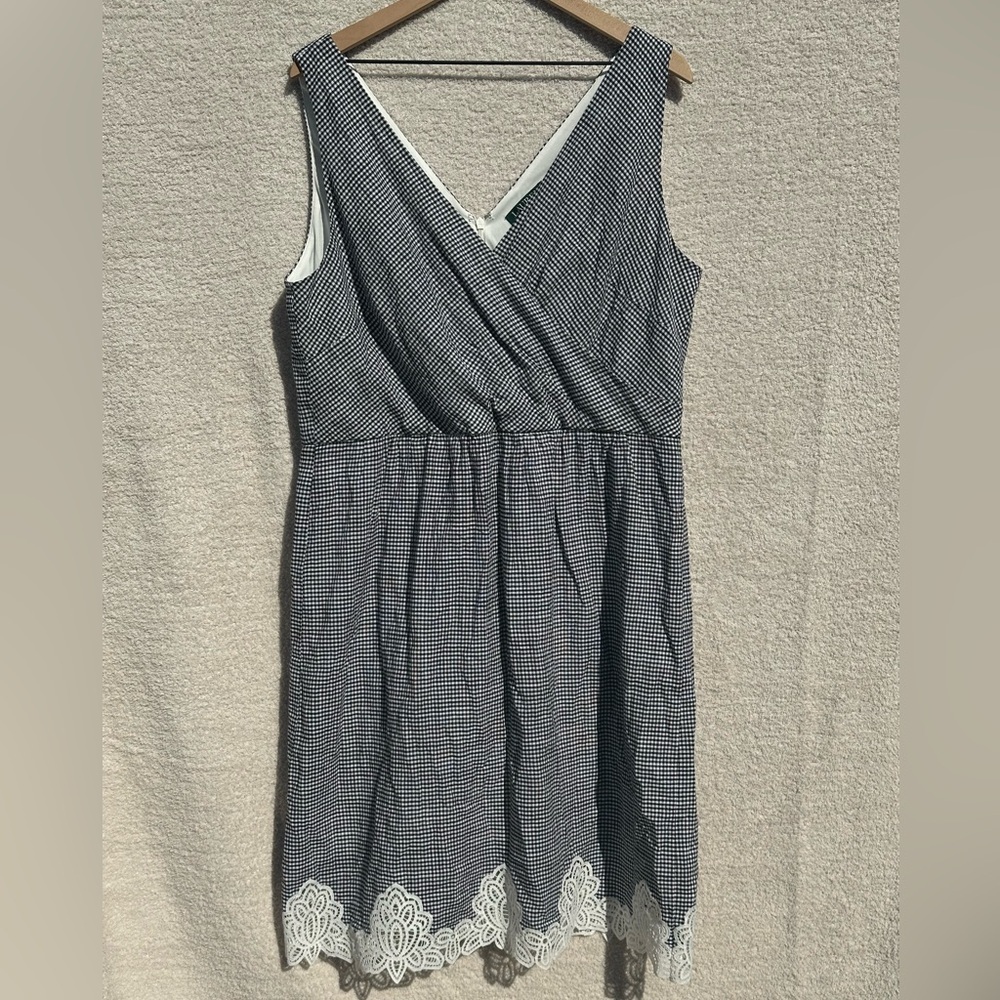 Lauren Ralph Lauren Gingham Lace Hem Dress Size 18 Black White Fit Flare Cotton